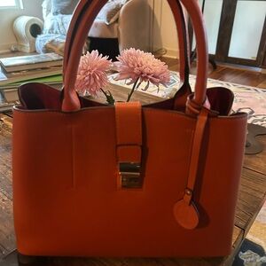 Structured Orange Vegan Leather Shoulder Tote